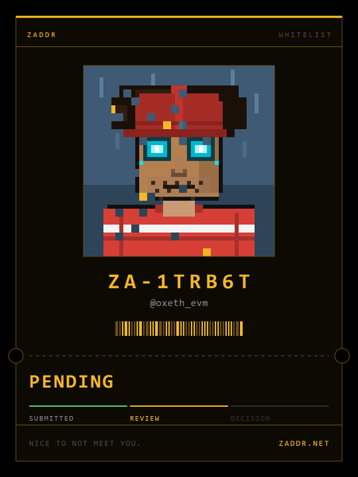 A pixel art portrait of a character with red hair and blue eyes wearing a red hoodie, labeled 'ZADDR WHITELIST' with the ID 'ZA-1TRB6T' and handle '@xeth_evm', showing a 'PENDING' status on zaddr.net.
