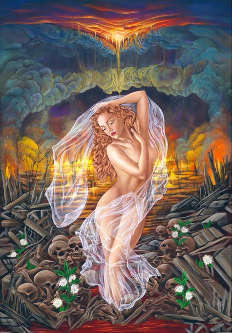 A nude woman with long red hair, draped in a translucent white veil, stands gracefully amidst a desolate landscape of skulls and bones where white flowers bloom, set against a dramatic, fiery sky with dark storm clouds.