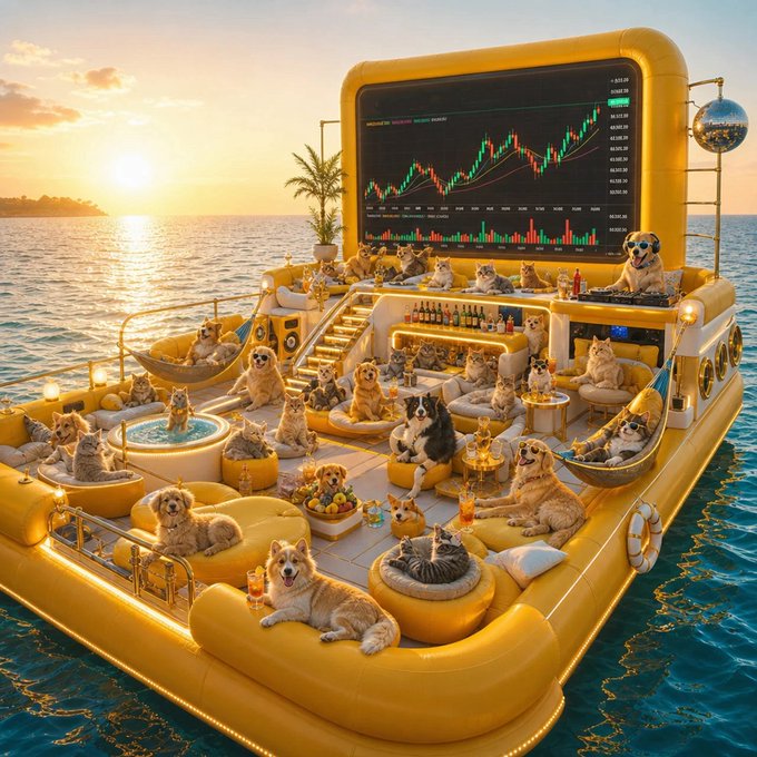A golden, cat-themed party boat floats on calm ocean waters at sunset, with numerous cats lounging on cushions and hammocks while watching a large stock chart displaying green and red candlesticks and trading figures on a big screen. The opulent feline "GM!" gathering parodies crypto communities, replacing traders with cats enjoying drinks and a hot tub in a lavish yacht party setting.