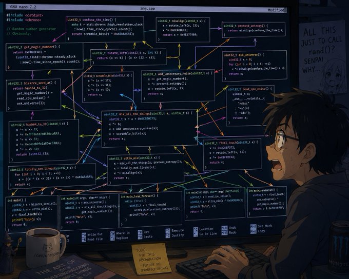 An anime-style illustration depicts a frustrated developer at a computer, staring at a complex flowchart of C code on a monitor with notes about fixing an 'epic rnd()' bug.