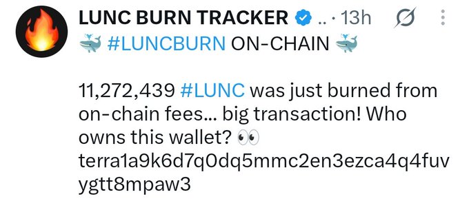 A tweet from LUNC BURN TRACKER reporting that 11,272,439 LUNC was burned from on-chain fees, with the wallet address displayed.