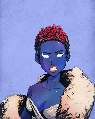An illustration of a cosmic/galaxy-themed female figure with deep blue starry skin, white glowing eyes, a crown of red roses, and a fur stole against a purple background.