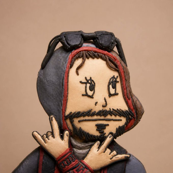 A clay sculpture figurine of a bearded man with sunglasses on his head, wearing a hooded outfit, displaying his hands in expressive poses.
