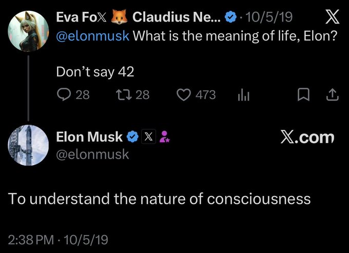 A Twitter/X exchange where user @elonmusk is asked 'What is the meaning of life, Elon? Don't say 42,' to which Elon Musk replies 'To understand the nature of consciousness.'