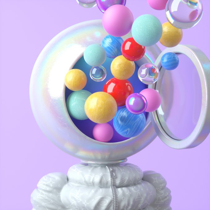 A 3D render of a translucent iridescent spherical container filled with colorful balls and marbles, sitting on a puffy white base against a light purple background.