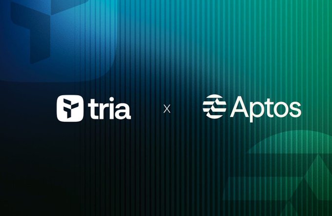 The image features two logos side by side against a blue background. The first logo is for @useTria, which appears to be an app or platform that allows users to manage their assets across different ecosystems seamlessly. The second logo is for Aptos, a company that provides asset management services. These two companies seem to be collaborating and working together to create a more efficient way of managing assets in various environments.
