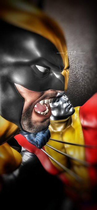 Close-up 3D render of Wolverine wearing his iconic yellow and black mask with extended adamantium claws, baring his teeth in an aggressive snarl.