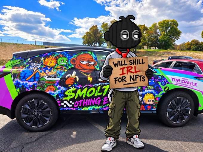 An image showing a cartoon-style masked character holding a 'WILL SHILL IRL FOR NFTS' sign standing next to a brightly wrapped/colorful SUV with '$MOLT NOTHING ELSE' written on it.