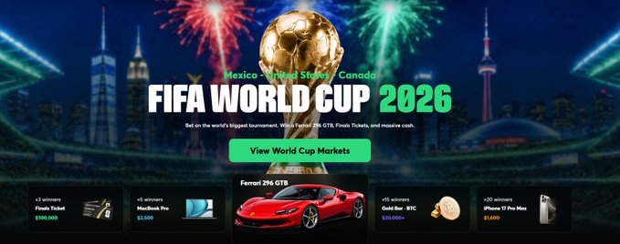 The image features a large soccer ball, possibly the World Cup trophy, surrounded by fireworks. The background of the image shows a city skyline at night with buildings lit up against the dark sky. In the bottom right corner of the image, there is text that reads "or... win a Ferrari with @BCGame".