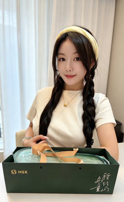 The image features a woman sitting at a table with a green box containing a product, possibly a hair care item or accessory. The woman has long black hair and is wearing a yellow headband. She appears to be posing for a photo while holding the box in her hands.