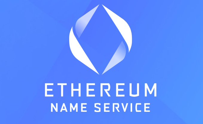 The Ethereum Name Service logo featuring a white geometric diamond shape on a blue background with the text "ETHEREUM NAME SERVICE".