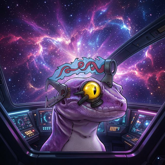 A purple gecko wearing mechanical goggles and a metal headpiece sits in a spacecraft cockpit, gazing out at a vibrant purple and blue nebula-filled galaxy. The image complements the post's narrative of deep space exploration, depicting the gecko's journey through cosmic wonders beyond its home galaxy.