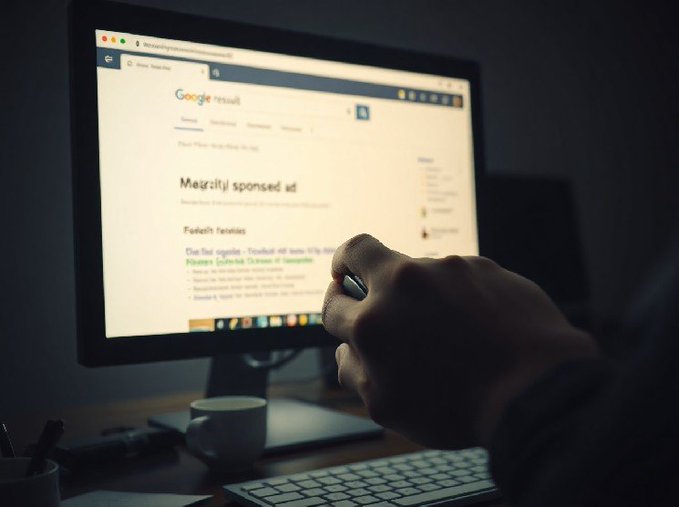 A user clicks on a fraudulent Google "Sponsored" ad displayed on a desktop monitor, illustrating how a Hyperliquid clone site scammed a victim out of $550K in USDC after they signed a malicious transaction. The image directly visualizes the search engine ad scam that contributed to $1.27M in losses from such attacks.