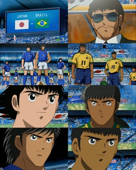 A collage of anime screenshots from "Captain Tsubasa" showing the Japan vs Brazil World Cup matchup, featuring the scoreboard reading "JAPAN - BRAZIL 1 - 1," players in blue (Japan #10, #9) and yellow (Brazil #11, #10) kits, and dramatic close-ups of Japanese and Brazilian players, perfectly illustrating the fictional rivalry the post promotes as "happening in real life."