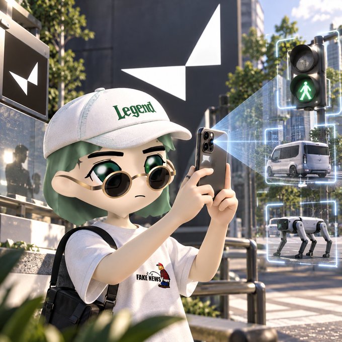A 3D anime-style illustration of a green-haired character wearing a white 'Legend' cap and round sunglasses, holding up a smartphone that projects AR imagery of a traffic light, van, and robot dog onto the urban street scene.