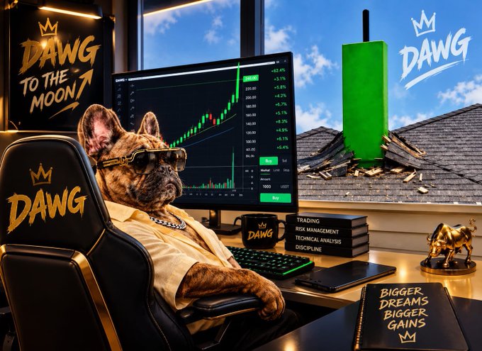 A digital artwork showing a French Bulldog wearing sunglasses and a shirt sitting in a gaming chair labeled 'DAWG' in front of a monitor with a trading chart, with a 'DAWG TO THE MOON' sign and a green rocket smashing through a roof.