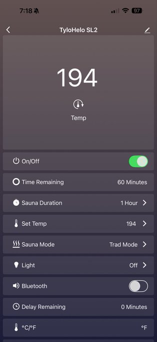 A mobile app interface for a TyloHelo SL2 sauna controller displaying a current temperature of 194°F, with settings showing 60 minutes time remaining, 1-hour sauna duration, Trad Mode, light off, and Bluetooth toggled on.