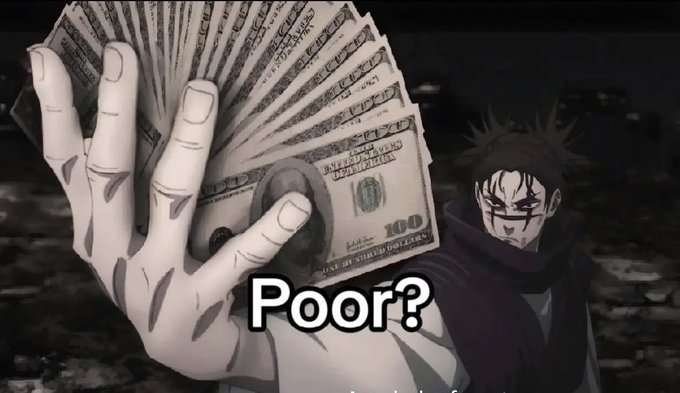 An anime meme featuring a character holding a fan of $100 bills in front of his face with the text 'Poor?' overlaid.