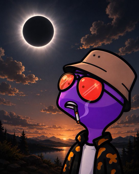A cartoon purple character wearing red sunglasses, a bucket hat, and a jacket, smoking a cigarette against a backdrop of a solar eclipse over mountains and a lake.