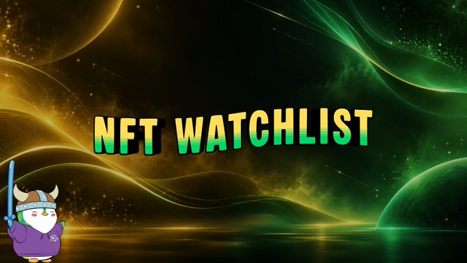 A graphic banner displays "NFT WATCHLIST" in green and yellow gradient text against a space-themed background featuring planets and cosmic waves, with a cartoon viking mascot character holding a sword in the bottom left corner.