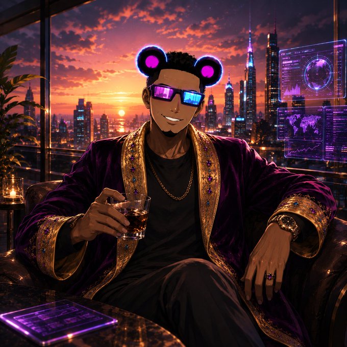 An anime-style illustration of a confident man wearing bear ear headphones, neon sunglasses, and a luxurious purple robe with gold trim, holding a glass of whiskey in a high-rise penthouse overlooking a futuristic cyberpunk city at sunset.