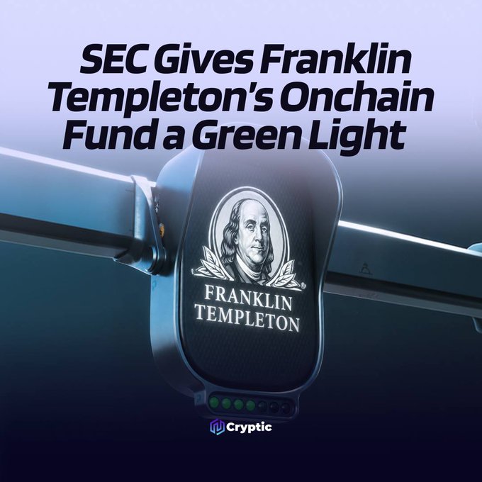 A Franklin Templeton-branded device displays the headline "SEC Gives Franklin Templeton's Onchain Fund a Green Light," visually reinforcing the article's news about the SEC approving registered funds to invest in the blockchain-based FOBXX money market fund, signaling closer integration between traditional asset management and onchain finance.
