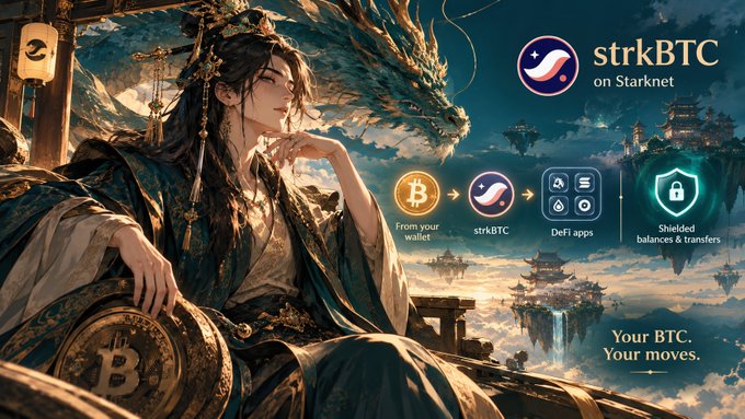 A promotional banner for 'strkBTC on Starknet' features an illustrated woman beside a dragon and Bitcoin coin, showing a flow from Bitcoin wallet to strkBTC to DeFi apps for shielded balances and transfers, with the tagline 'Your BTC. Your moves.'