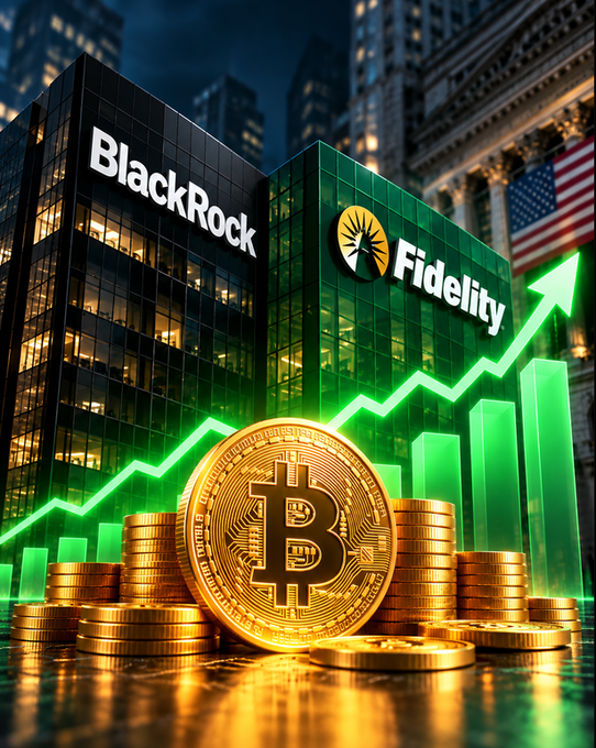 A financial graphic depicting the BlackRock and Fidelity buildings alongside stacks of gold Bitcoin coins and an ascending green arrow chart.