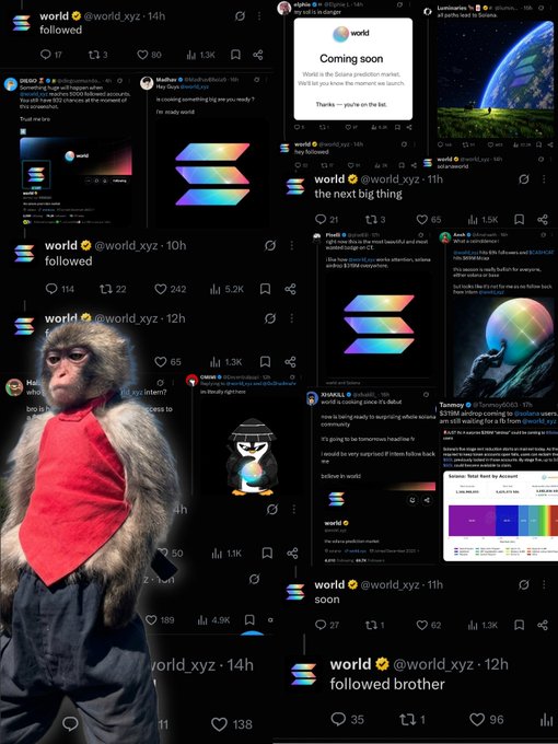 A collage of various Twitter/X screenshots, mostly showing the account 'world' (@world_xyz) posting cryptic messages like 'followed', 'soon', 'the next big thing', and 'followed brother', alongside an image of a monkey in a red shirt and various Solana-related crypto announcements.