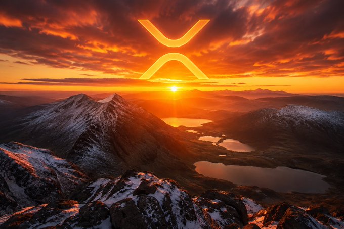 A dramatic landscape photograph of snow-capped mountains at sunset, with the glowing orange XRP cryptocurrency logo superimposed in the sky above the sun.