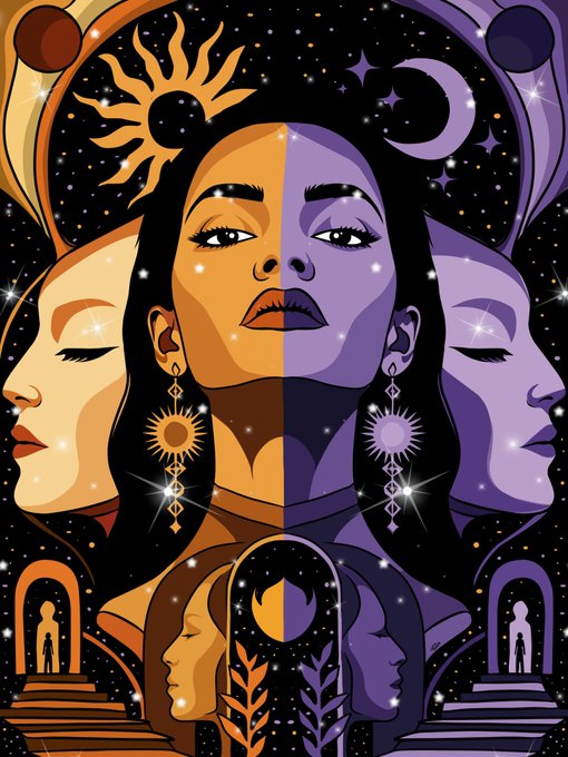 An illustration featuring a symmetrical design with a central figure split into orange sun and purple moon halves, surrounded by profiles, stars, and celestial symbols on a black background.