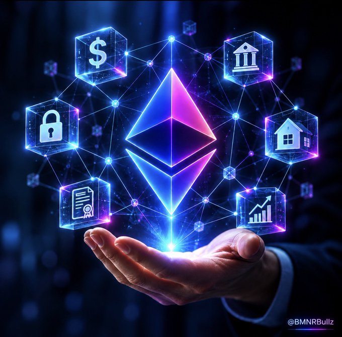 A hand holds up a glowing Ethereum logo surrounded by a network of interconnected cubes displaying icons for finance, security, banking, real estate, contracts, and analytics, with the watermark '@BMNRBullz'.