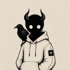 A black and white illustration of a horned, shadowy figure wearing a hoodie with a raven perched on its shoulder, featuring an 'X' patch on the sleeve.