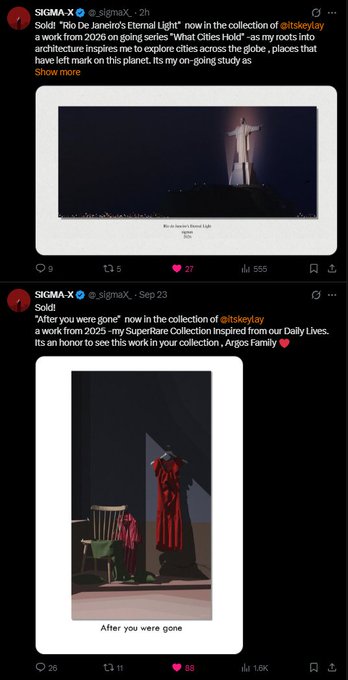 Two tweets from SIGMA-X (@_sigmaX_) showcasing art from @itskeylay, titled 'Rio De Janeiro's Eternal Light' and 'After you were gone', with mention of a 'SuperRare Collection'.
