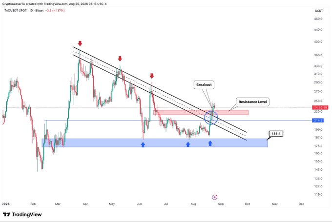 A TradingView chart of $TAOUSDT (Bittensor) on the daily timeframe shows a breakout above a descending trendline and resistance level around $243.80, with price currently at 219.8, supported by a demand zone near $183.8 (marked by blue arrows) and previously tested as resistance (red arrows) — visually confirming the post's claim of TAO breaking a key resistance zone toward a potential higher high.
