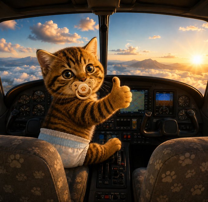 A whimsical digital image of a tabby kitten wearing a diaper and pacifier, sitting in the pilot's seat of an airplane cockpit and giving a thumbs up, with a sunset sky visible through the windshield.