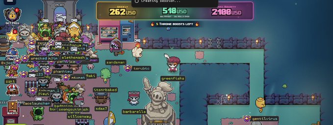 A chaotic multiplayer game scene showing numerous cartoon characters crowded together in a dungeon-like setting, with usernames like 'aardvarx' and 'tarnrubix' visible, and a tip jar showing '262 USD', '518 USD', and '2108 USD' earnings.