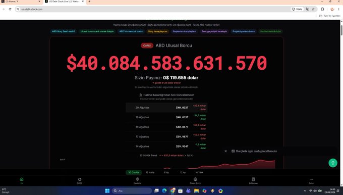 The image shows a screenshot of the US Debt Clock website (us-debt-clock.com) displaying the national debt at $40,084,583,631,570, with an interest payment of $119,655 trillion. The chart tracks debt growth from August to 2026, reinforcing the post's criticism that delaying Clarty (Pinetwork's token distribution) is futile while the U.S. debt continues to balloon unchecked.