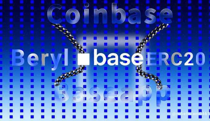 The image is a stylized graphic featuring the words "Coinbase," "Beryl," "baseERC20," and "BaseApp" overlaid with chains in an X-shape against a blue halftone background, symbolizing the launch and locking-in of Base's Beryl protocol upgrade, which introduces the new B20 native token standard.