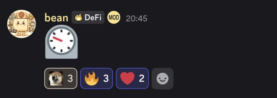 A Discord message from user 'bean' (DeFi MOD) sent at 20:45, featuring a scale emoji and reactions including 3 quokka, 3 fire, and 2 heart emojis.