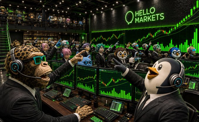 Anthropomorphic animals including a leopard, penguin, and others in business attire trade in a bustling stock market environment under a 'Hello Markets' neon sign.