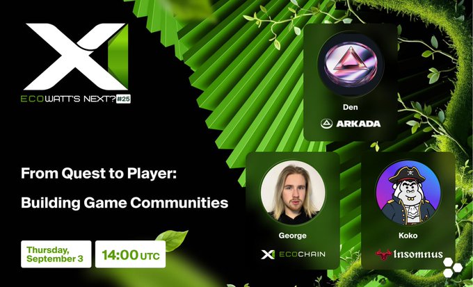 Promotional graphic for 'EcoWatt's Next? #26' event titled 'From Quest to Player: Building Game Communities' on Thursday, September 3 at 14:00 UTC, featuring speakers Den (Arkada), George (EcoChain), and Koko (IrisOnitus).