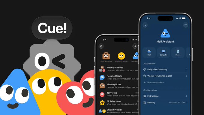 The image displays the "Cue!" personal AI agent app by ManusAI, featuring colorful cartoon mascots alongside screenshots of the app interface showing a chat screen with assistant options (Work, Everyday, Mail) and a "Mail Assistant" panel with automations like "Daily Inbox Summary" and "Weekly Newsletter Digest."

The image illustrates the newly released Cue personal AI agent app, visually representing the assistant characters and showcasing its mail automation features mentioned in the announcement.