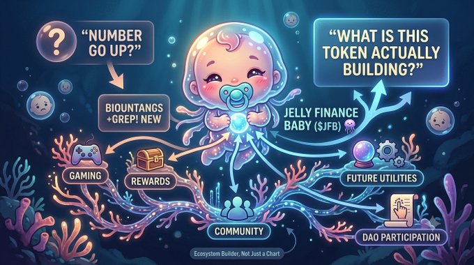 A colorful cartoon diagram of a jellyfish ecosystem featuring a central jellyfish labeled 'JELLY FINANCE BABY ($JFB)', with branches for gaming, rewards, community, future utilities, and DAO participation, with text bubbles asking 'NUMBER GO UP?' and 'WHAT IS THIS TOKEN ACTUALLY BUILDING?'