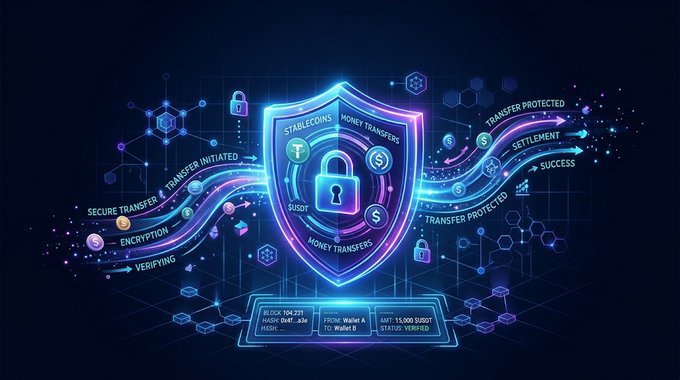 A neon digital illustration depicts a glowing shield with a padlock symbolizing secure cryptocurrency money transfers, with text like 'SECURE TRANSFER INITIATED' and 'SETTLEMENT SUCCESS'.