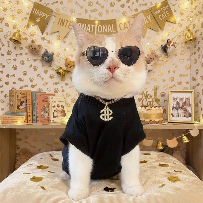 A white and orange cat wearing sunglasses and a black sweater with a dollar sign pendant sits in a decorated room for International Cat Day, with banners reading 'HAPPY INTERNATIONAL CAT DAY' and 'PAW-SOME CATS' alongside books and a 'No.1 Cat' cake.