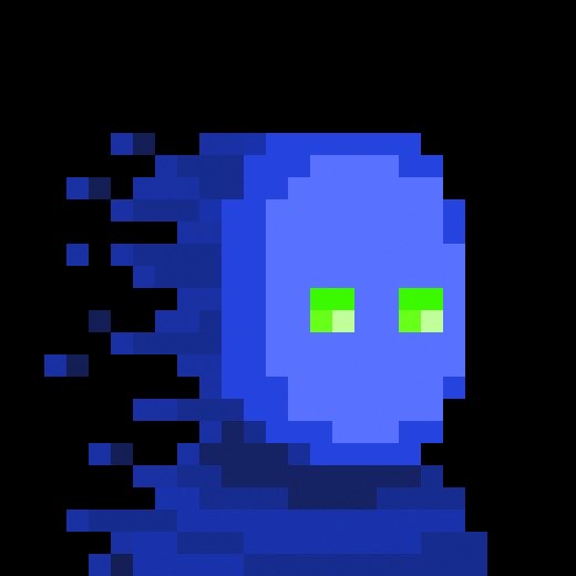A pixel art illustration of a blue ghost-like figure with green eyes against a black background.
