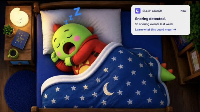 A 3D illustration shows a small green character sleeping in a star-patterned bed with 'Z Z Z' symbols above its head, accompanied by a notification that reads 'SLEEP COACH now Snoring detected. 16 snoring events last week Learn what this could mean →'.