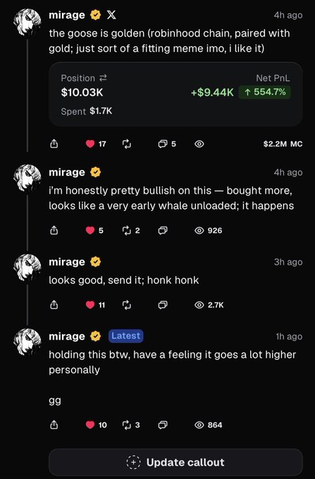 A series of X/Twitter posts from user 'mirage' discussing a cryptocurrency trade showing a $10.03K position with +554.7% gain (+$9.44K), commenting on a 'golden goose' meme token on Robinhood Chain paired with gold and expressing bullish sentiment.