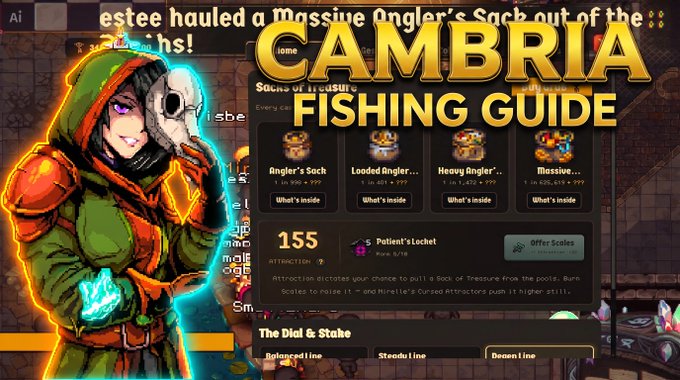 A 'CAMBRIA FISHING GUIDE' overlay featuring a hooded character with a skull mask holding glowing items, placed over a game interface showing 'Sacks of Treasure' with various Anglers' Sacks and a 'Patient's Locket' item.